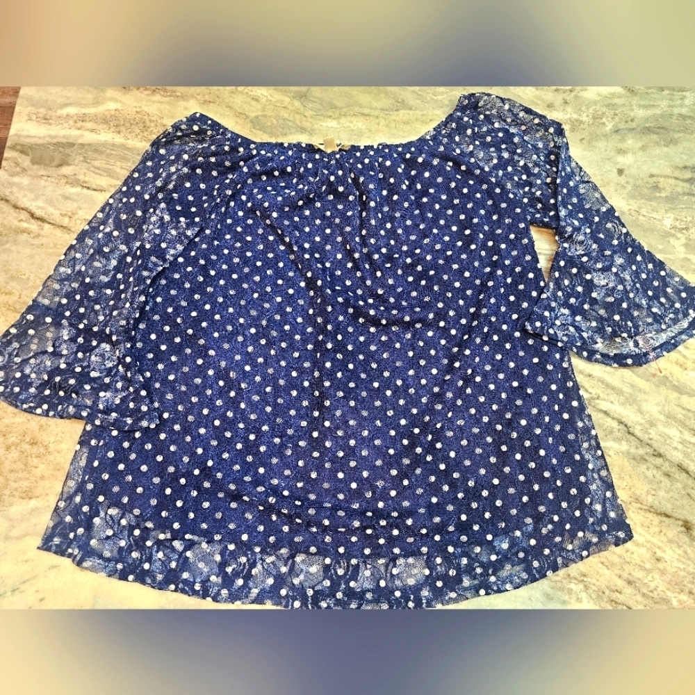 Agenda Navy Polka Dot Lace Bell Sleeve Top Size Small Lined Sheer Boho
